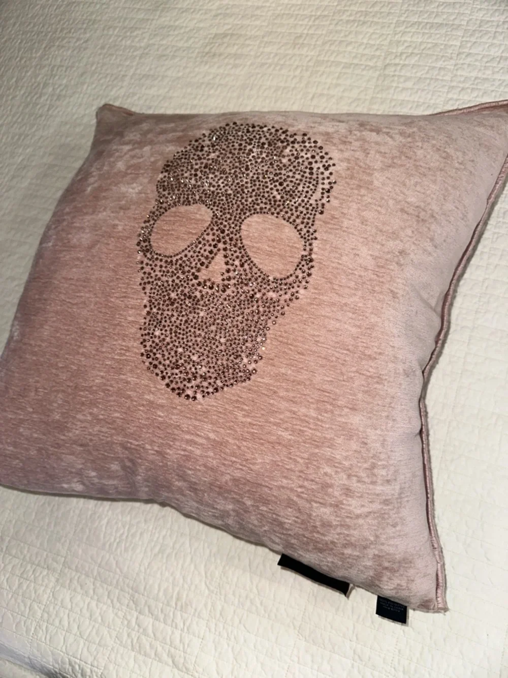 Magaschoni Blush Pink Velvet Rhinestone Skull Pillow 20x20 Glam Gothic Throw